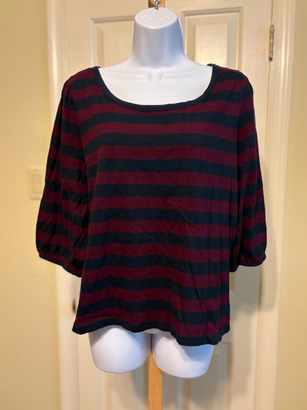 CHAPS Women’s Burgundy and Navy Striped Scoop Neck Top, Size: L
